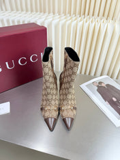 GUCCI 26S HORSEBIT BOOTS 105 MM IN BROWN LEATHER AND BEIGE CANVAS