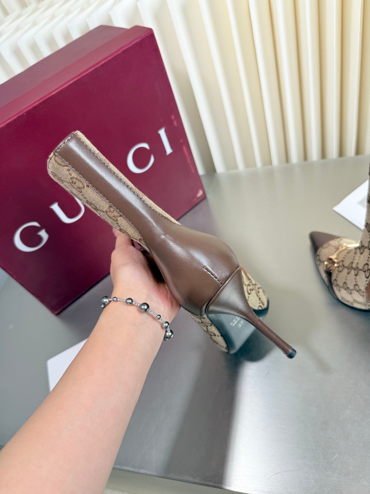 GUCCI 26S HORSEBIT BOOTS 105 MM IN BROWN LEATHER AND BEIGE CANVAS