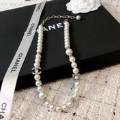 CHANEL 26S DOUBLE C LOGO PEARL NECKLACE WITH CRYSTAL DETAIL IN SILVER METAL 631884