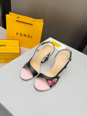 FENDI 26S SLINGBACK SANDALS IN BLACK CALFSKIN AND CANVAS