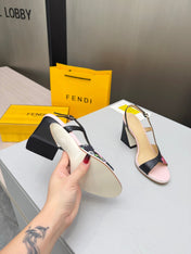 FENDI 26S SLINGBACK SANDALS IN BLACK CALFSKIN AND CANVAS