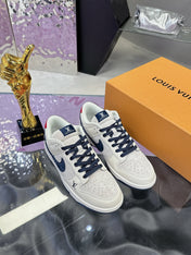 LV 26S DUNK LOW SNEAKERS IN WHITE NAVY CALFSKIN AND SUEDE