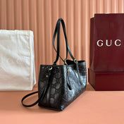 GUCCI 26S TOTE BAG 30 IN BLACK CALFSKIN WITH MONOGRAM PATTERN