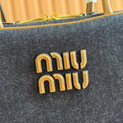 MIUMIU 25S BEAU DENIM BAG 34 IN DARK BLUE DENIM AND BROWN CALFSKIN
