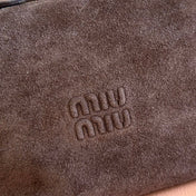 MIUMIU 26S CORDUROY POUCH BAG 25 IN CHOCOLATE BROWN SUEDE GOLD HARDWARE