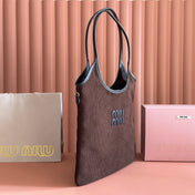 MIUMIU 26S IVY 40 TOTE IN IN CHOCOLATE BROWN CANVAS AND BLACK CALFSKIN
