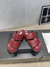 ALAIA CHUNKY TWO-STRAP SLIDES 25S IN DARK RED CALFSKIN