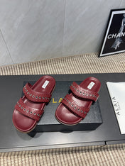ALAIA DOUBLE-STRAP SANDALS 25S IN DARK RED CALFSKIN