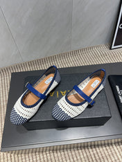 ALAIA MARY JANE FLATS WOVEN PATTERN 25S IN WHITE MIX NAVY BLUE CALFSKIN