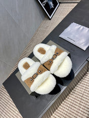 BALENCIAGA 25S SLIPPERS IN LIGHT BROWN SUEDE AND WHITE WOOL