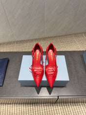 PRADA 26S POINTED TOE CUT OUT HIGH HEELS 75MM IN BRIGHT RED CALFSKIN WITH BOW