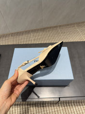 PRADA 26S POINTED TOE CUT OUT HIGH HEELS 75MM IN BEIGE CALFSKIN WITH BOW
