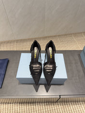 PRADA 26S POINTED TOE CUT OUT HIGH HEELS 75MM IN BLACK SUEDE WITH BOW