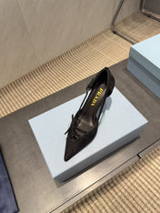 PRADA 26S POINTED TOE CUT OUT HIGH HEELS 75MM IN BLACK SUEDE WITH BOW