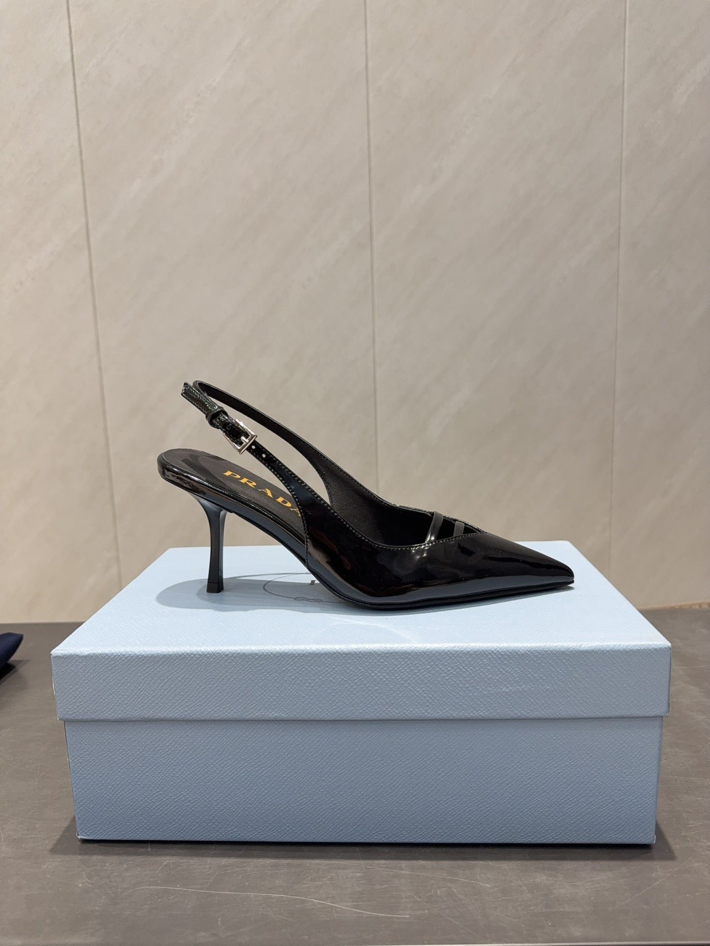 PRADA 26S POINTED TOE SLINGBACK HIGH HEELS 75MM IN BLACK CALFSKIN