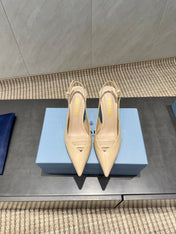 PRADA 26S POINTED TOE SLINGBACK HIGH HEELS 75MM IN BEIGE CALFSKIN