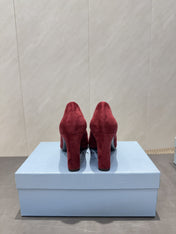 PRADA 26S SQUARE TOE HIGH HEELS 85MM IN DARK RED SUEDE WITH LOGO