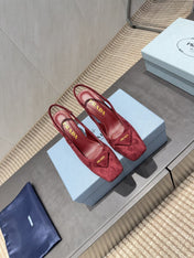 PRADA 26S LOW HEEL SQUARE TOE SLINGBACK SHOES 85MM IN DARK RED SUEDE WITH LOGO
