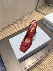 PRADA 26S LOW HEEL SQUARE TOE SLINGBACK SHOES 85MM IN DARK RED SUEDE WITH LOGO