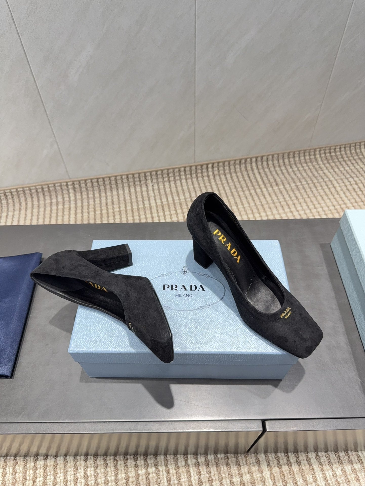 PRADA 26S SQUARE TOE HIGH HEELS 85MM IN BLACK SUEDE