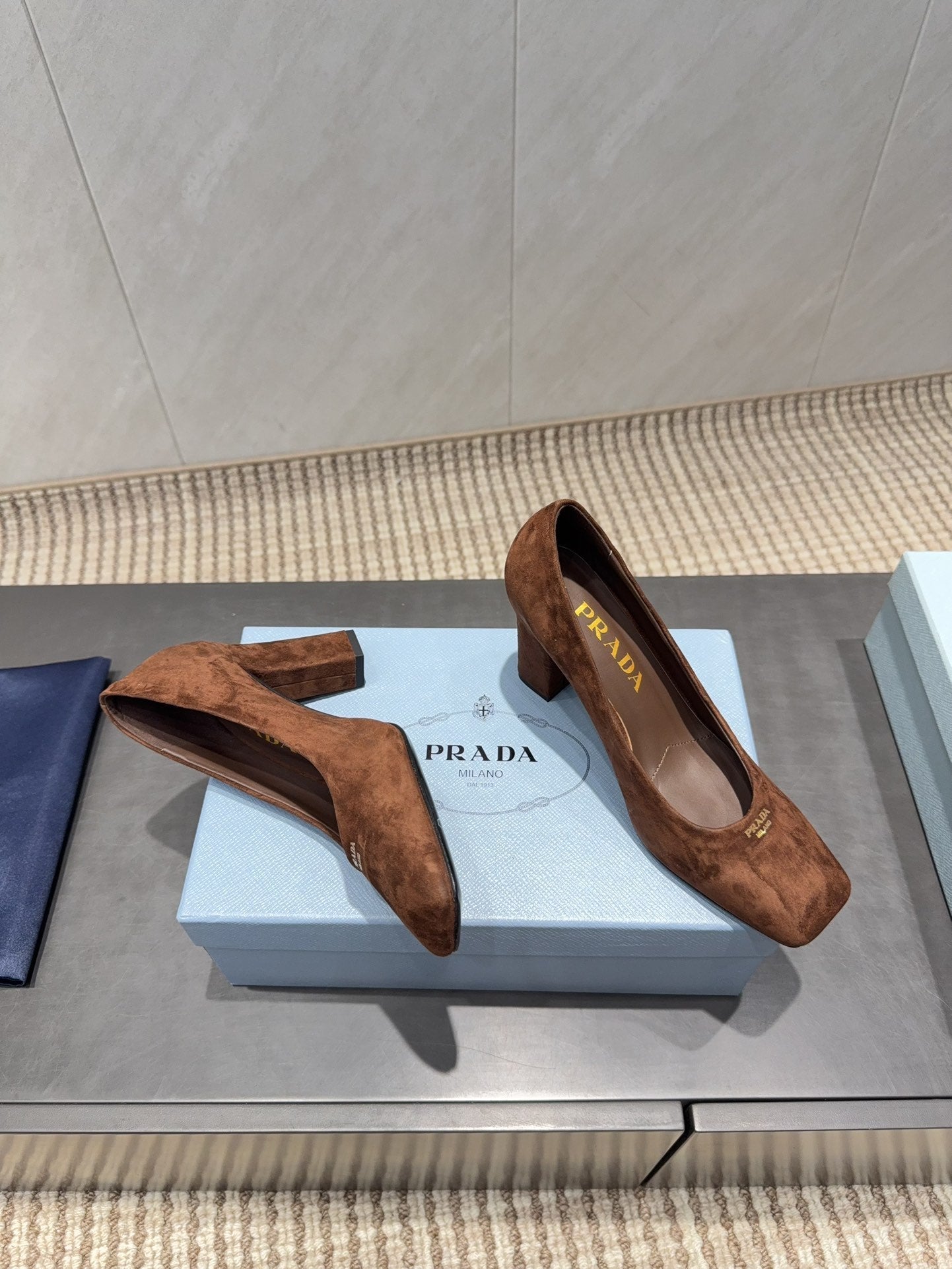 PRADA 26S SQUARE TOE HIGH HEELS 85MM IN CARAMEL BROWN SUEDE