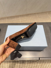 PRADA 26S SQUARE TOE HIGH HEELS 85MM IN CARAMEL BROWN SUEDE