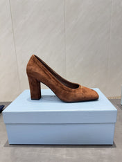 PRADA 26S SQUARE TOE HIGH HEELS 85MM IN CARAMEL BROWN SUEDE