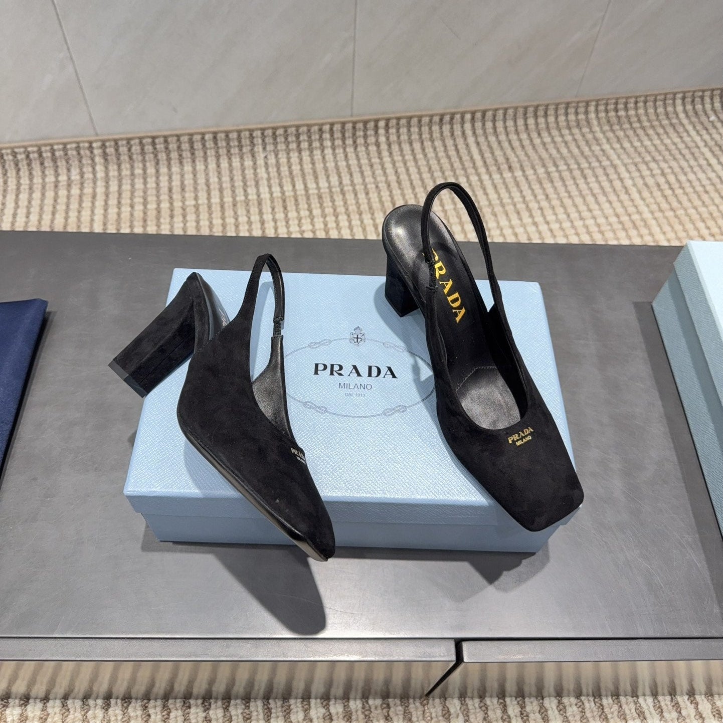PRADA 26S LOW HEEL SQUARE TOE SLINGBACK SHOES 85MM IN BLACK SUEDE