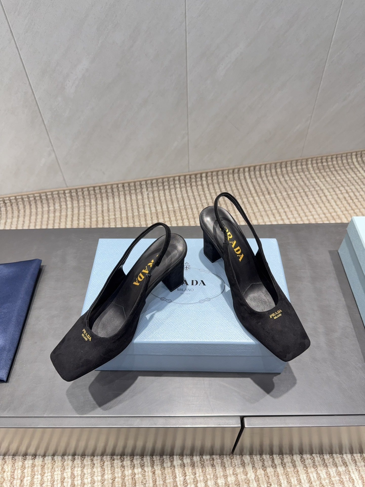 PRADA 26S LOW HEEL SQUARE TOE SLINGBACK SHOES 85MM IN BLACK SUEDE