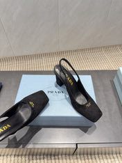 PRADA 26S LOW HEEL SQUARE TOE SLINGBACK SHOES 85MM IN BLACK SUEDE