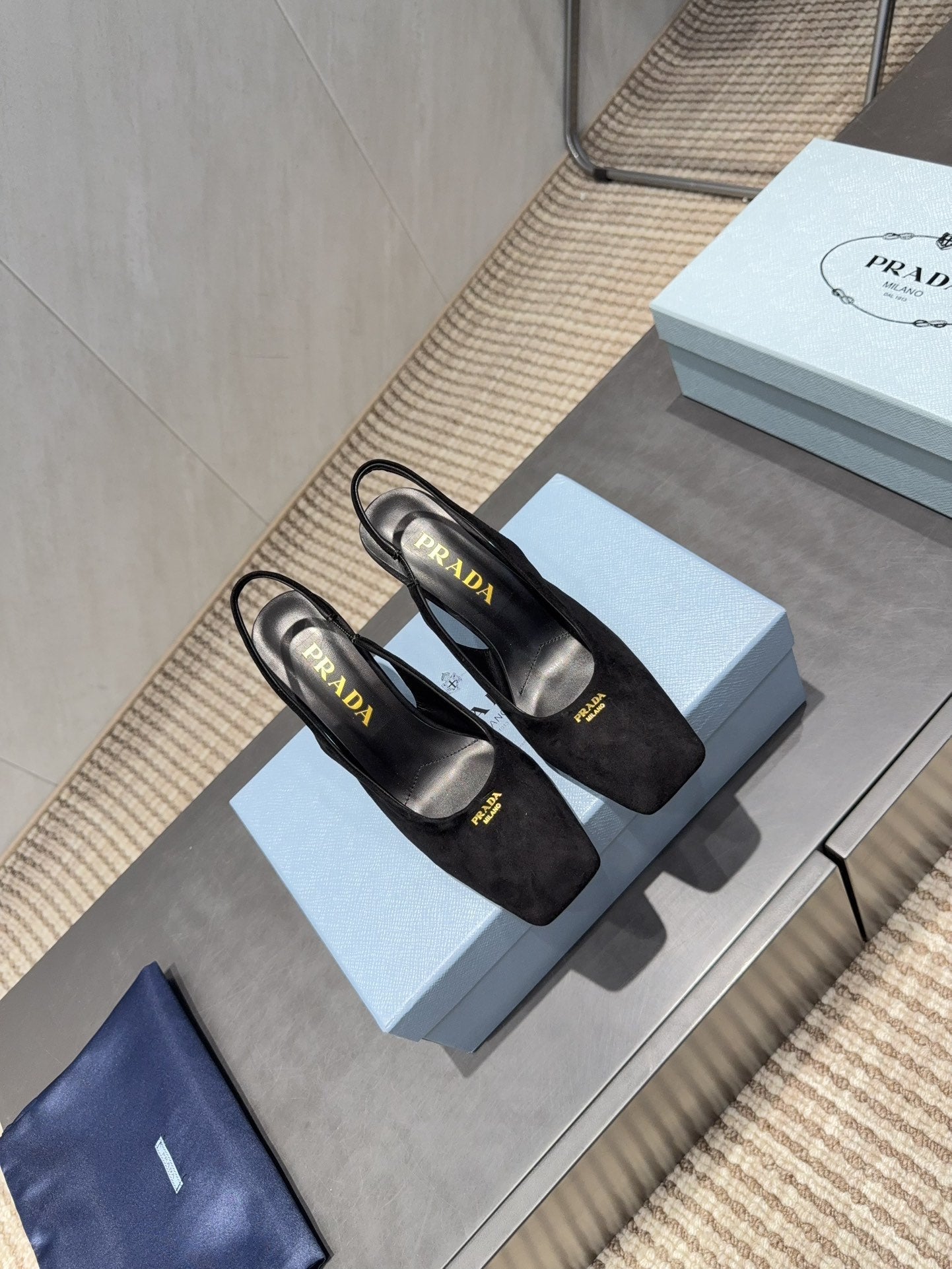 PRADA 26S LOW HEEL SQUARE TOE SLINGBACK SHOES 85MM IN BLACK SUEDE