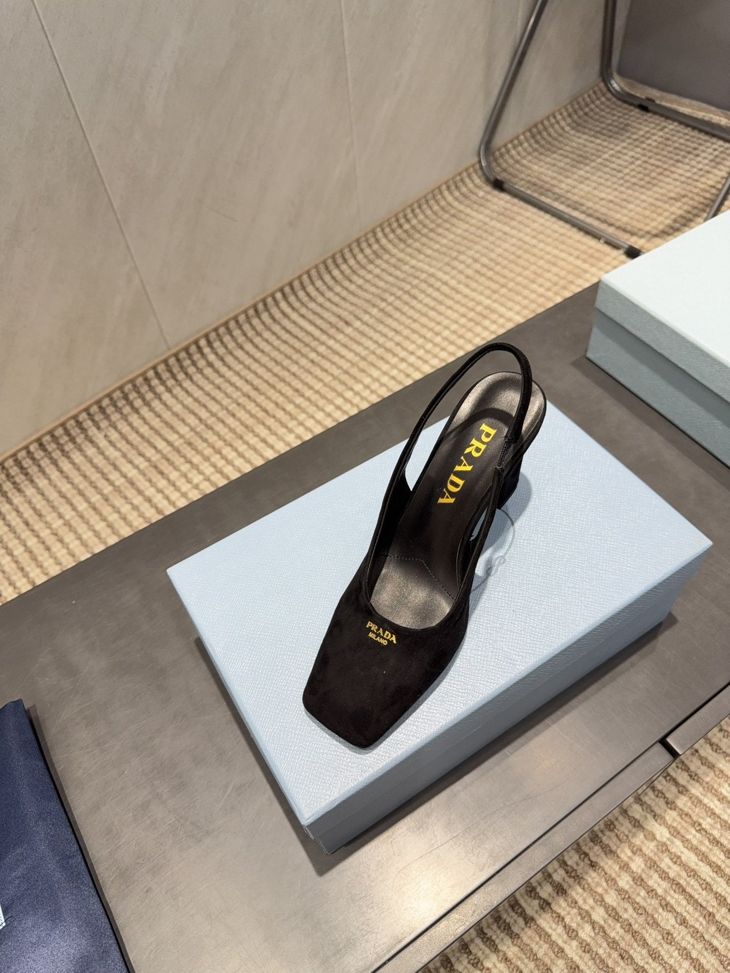 PRADA 26S LOW HEEL SQUARE TOE SLINGBACK SHOES 85MM IN BLACK SUEDE