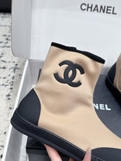 CHANEL 26S ZIPPER BOOTS IN BEIGE MIX BLACK FABRIC AND LAMBSKIN