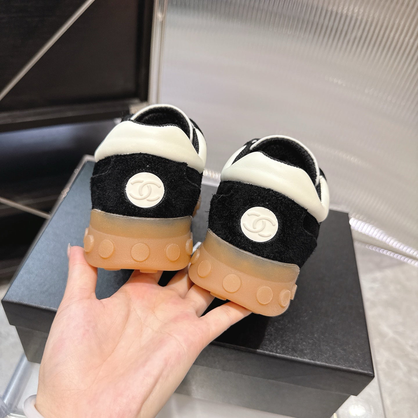 CHANEL 26S LOW TOP SNEAKERS IN BLACK SUEDE AND BLACK FABRIC WITH RUBBER SOLE