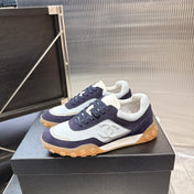 CHANEL 26S LOW TOP SNEAKERS IN NAVY BLUE SUEDE AND WHITE FABRIC WITH RUBBER SOLE