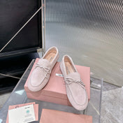 MIUMIU 26S LOAFERS IN LIGHT PINK SUEDE WITH BOW