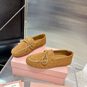 MIUMIU 26S LOAFERS IN TAN BROWN SUEDE WITH BOW