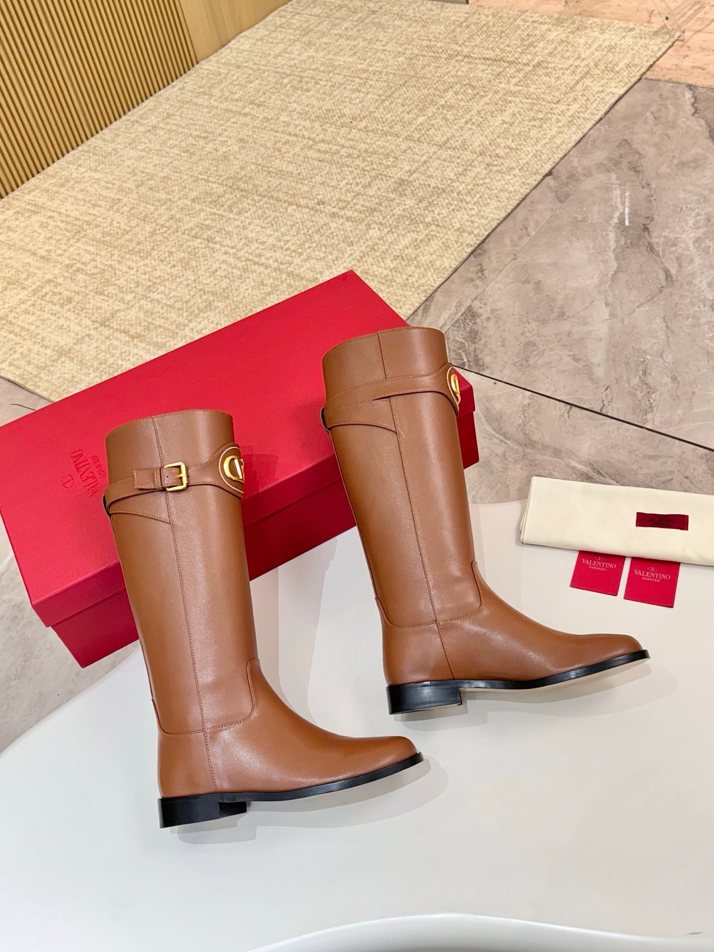 VALENTINO 26S TALL BOOTS IN COGNAC BROWN CALFSKIN
