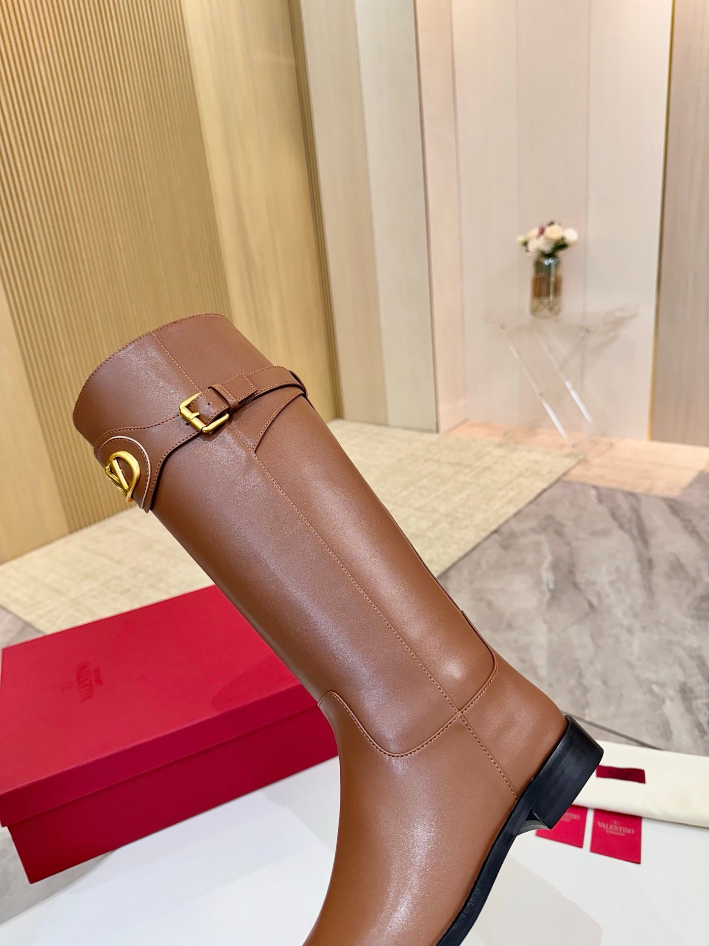 VALENTINO 26S TALL BOOTS IN COGNAC BROWN CALFSKIN