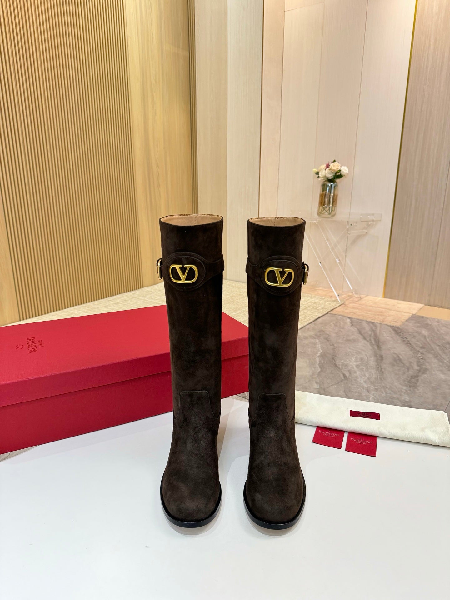 VALENTINO 26S TALL BOOTS IN DARK BROWN SUEDE