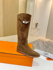 HM 25S JUMPING KNEE-HIGH BOOTS IN BROWN SUEDE WITH SILVER HARDWARE