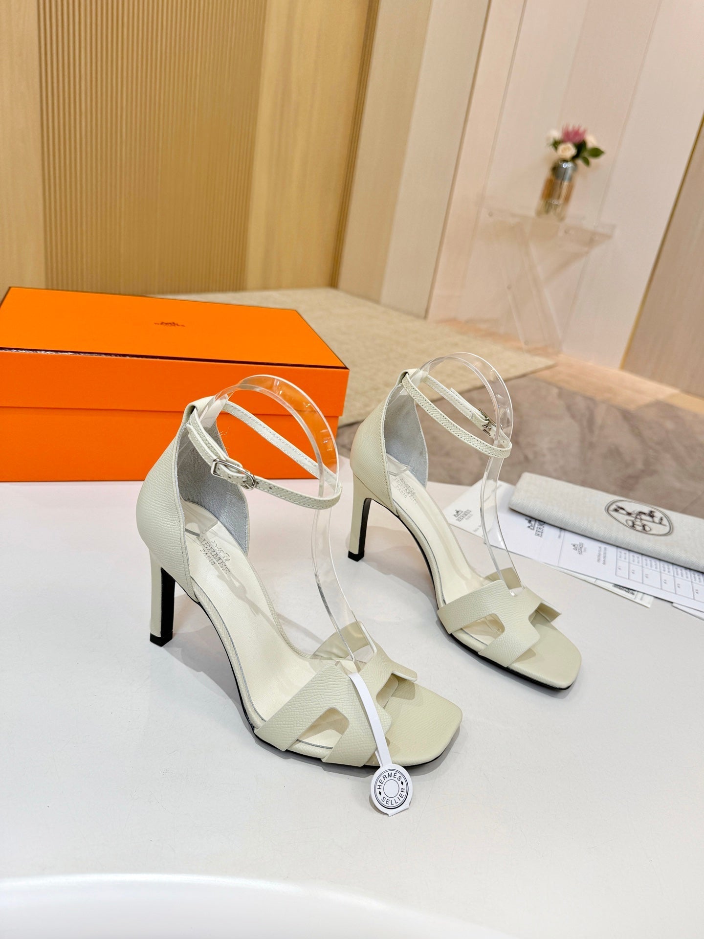 HM 26S H HIGH HEEL SANDALS 90MM IN IVORY WHITE GRAINED CALFSKIN