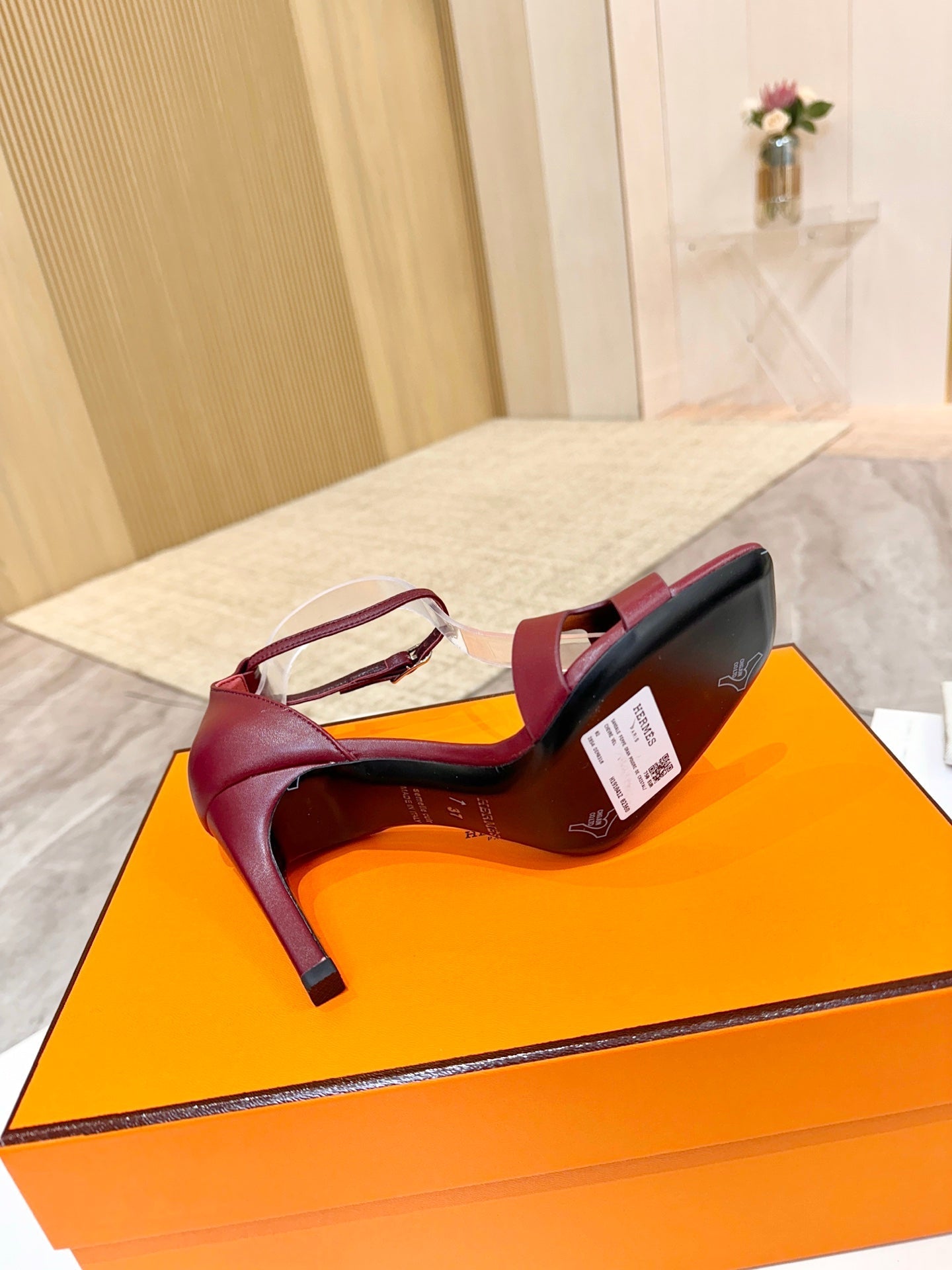 HM 26S H HIGH HEEL SANDALS 90MM IN BURGUNDY RED CALFSKIN