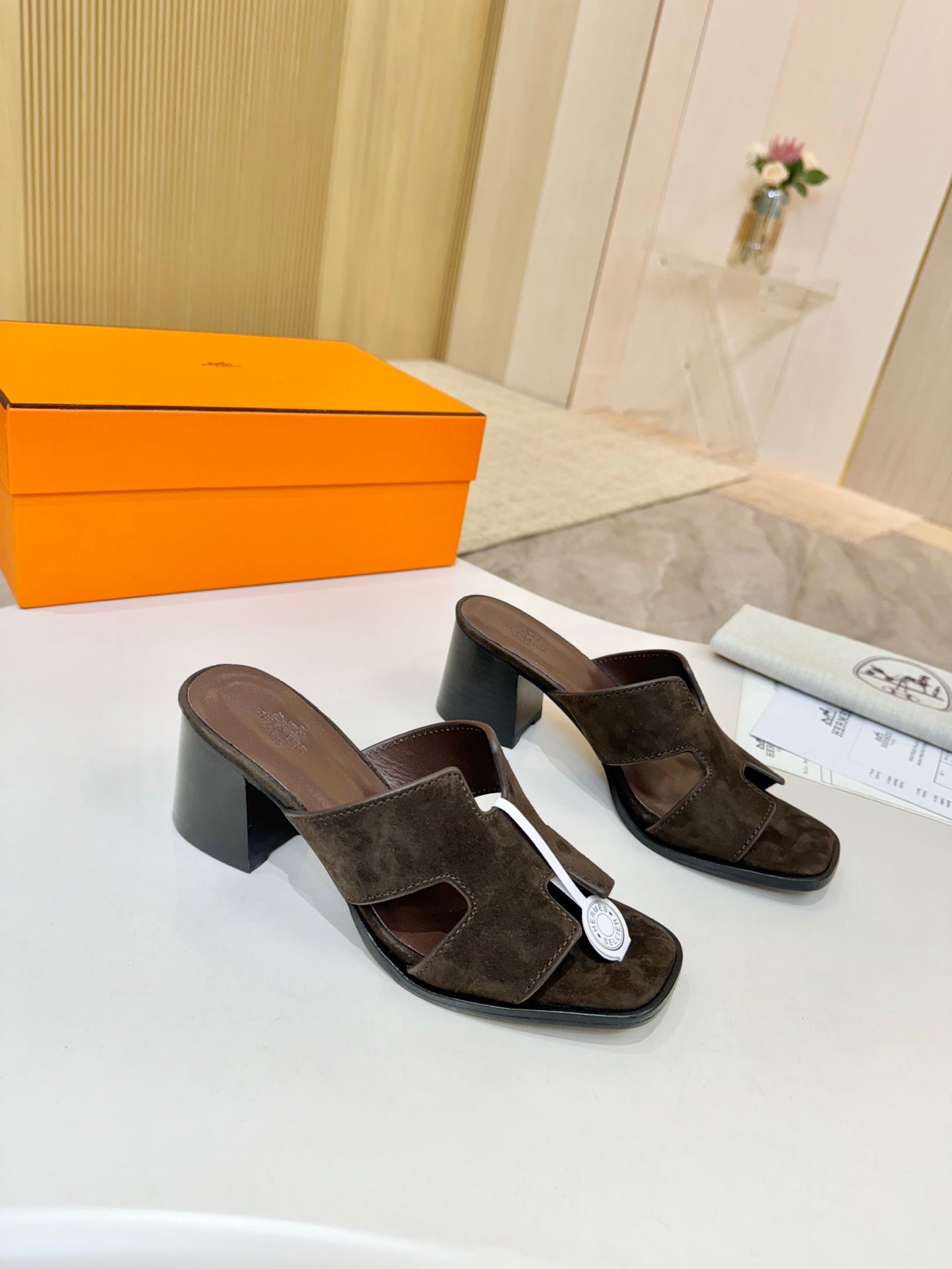 HM 26S HELIA SANDAL 70MM IN DARK BROWN SUEDE