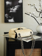 CHANEL 26S CLASSIC FLAP MEDIUM 23 IN NATURAL RAFFIA AND BLACK CALFSKIN GOLD HARDWARE