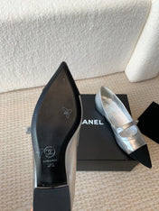 Pointed Toe Mary Jane Shoes Silver Mix Black Lambskin