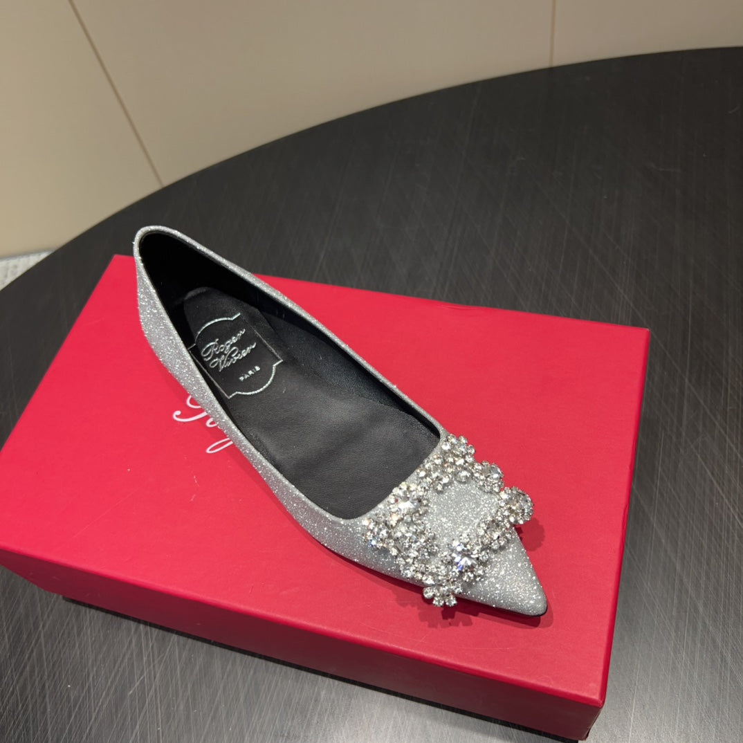 ROGER VIVIER 25S GRETE BALLET FLATS IN BLING SILVER EMBELLISHED CRYSTALS