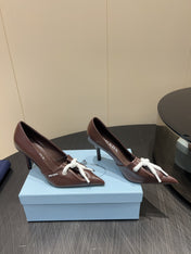 PRADA 25S POINTED TOE HIGH HEELS 85MM IN DARK BROWN LAMBSKIN WITH TIE UP DESIGN