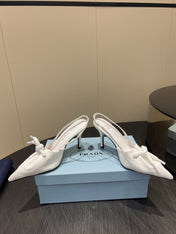PRADA 25S POINTED TOE SLINGBACK 85MM IN WHITE LAMBSKIN WITH TIE UP DESIGN