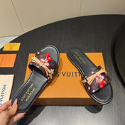 LV SLIDE SANDALS 25S IN DARK BROWN AND BLACK CALFSKIN WITH CHERRY BLOSSOM BUCKLE